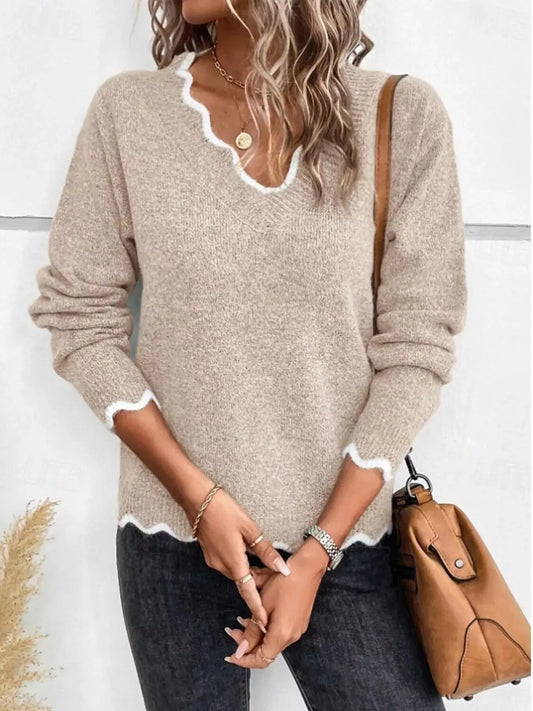 Plus Size Beige Scalloped Trim V Neck Knit Sweater For Women Simply Love