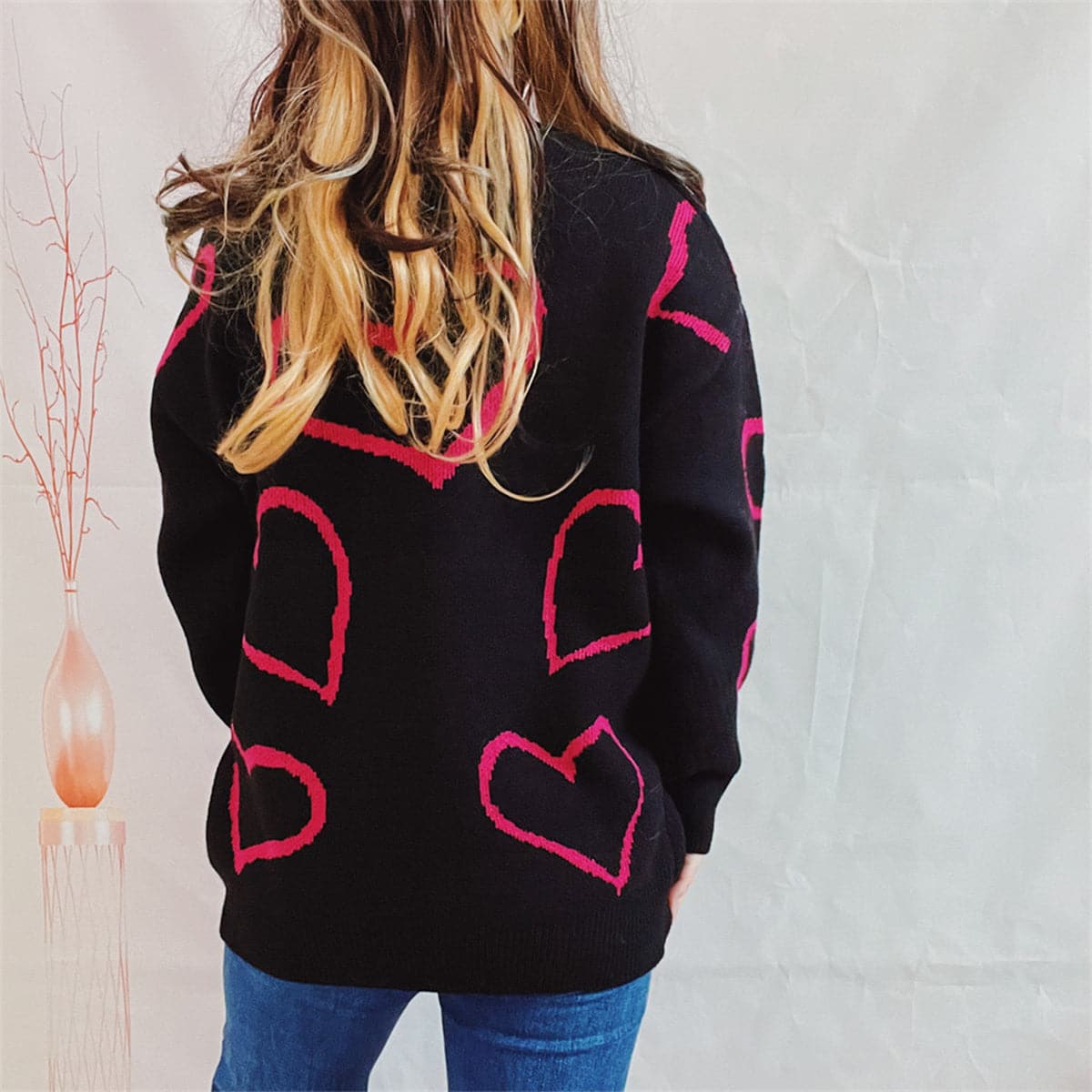 Heart Pattern Long Sleeve Sweater.