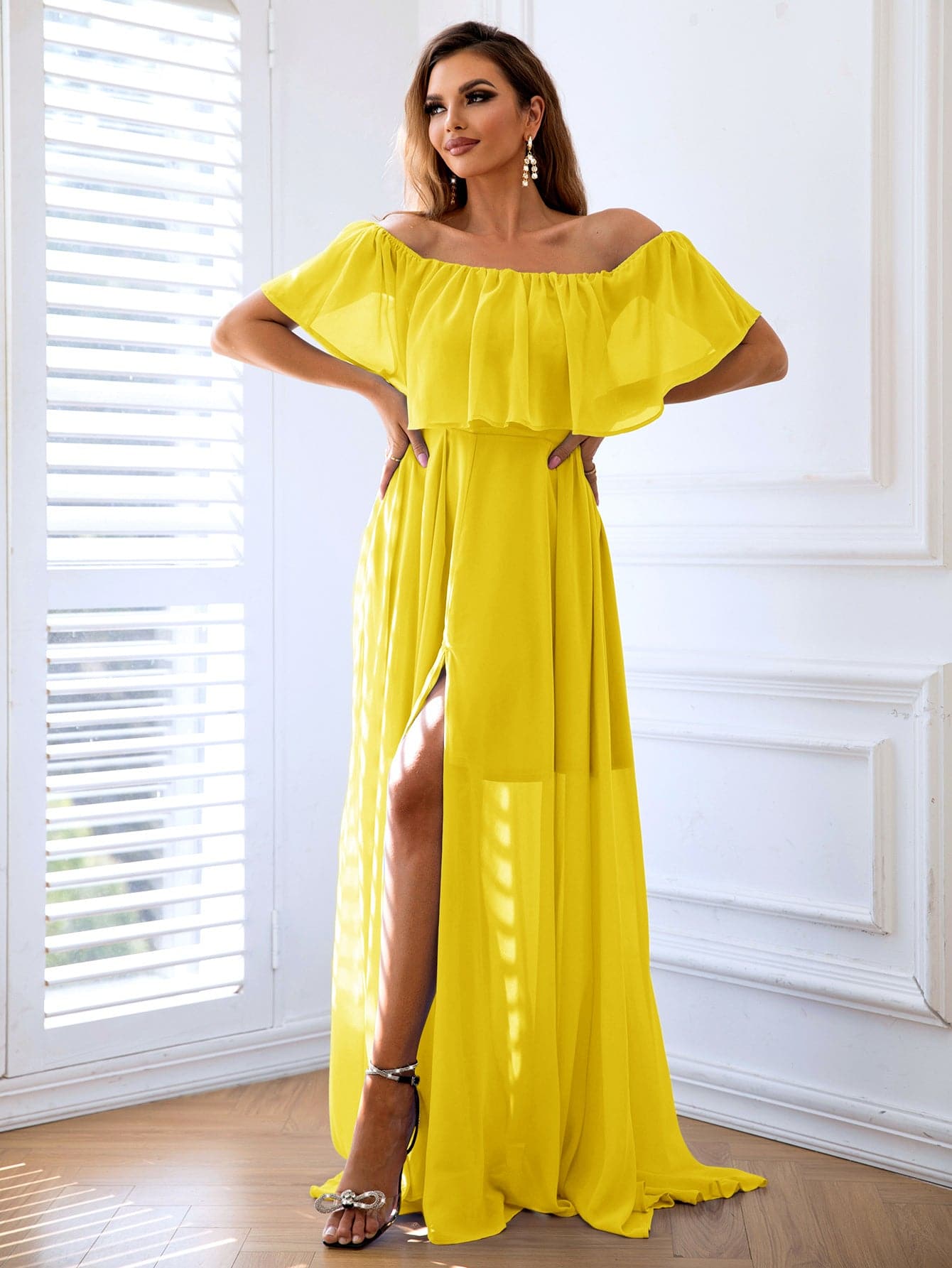 Off-Shoulder Layered Split Maxi Dress.