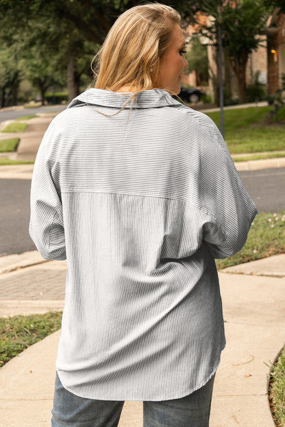 Chic white striped plus size shirt with rolled tab sleeves