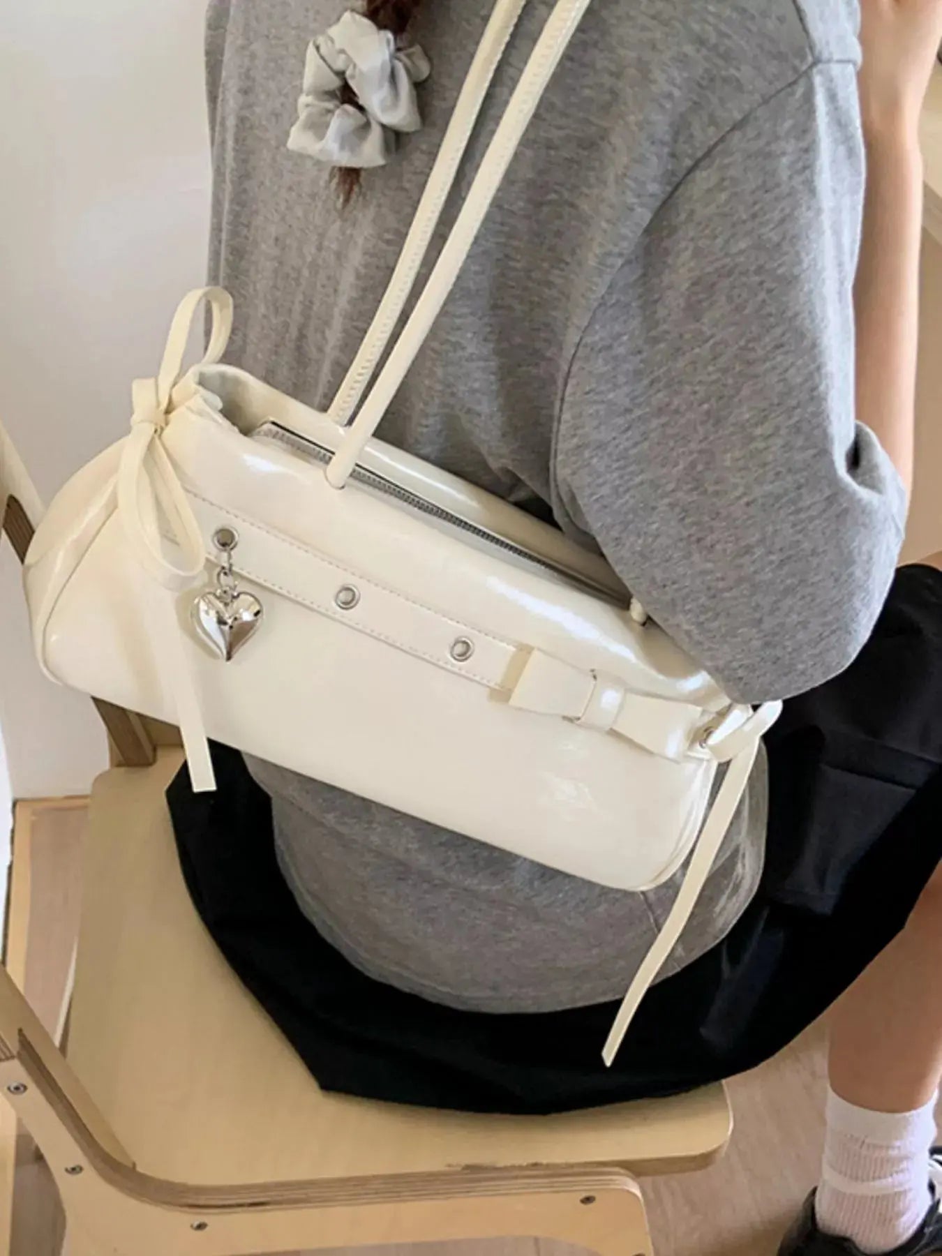 PU Leather Small Shoulder Bag With Heart Charm Elegant Tote Simply Love