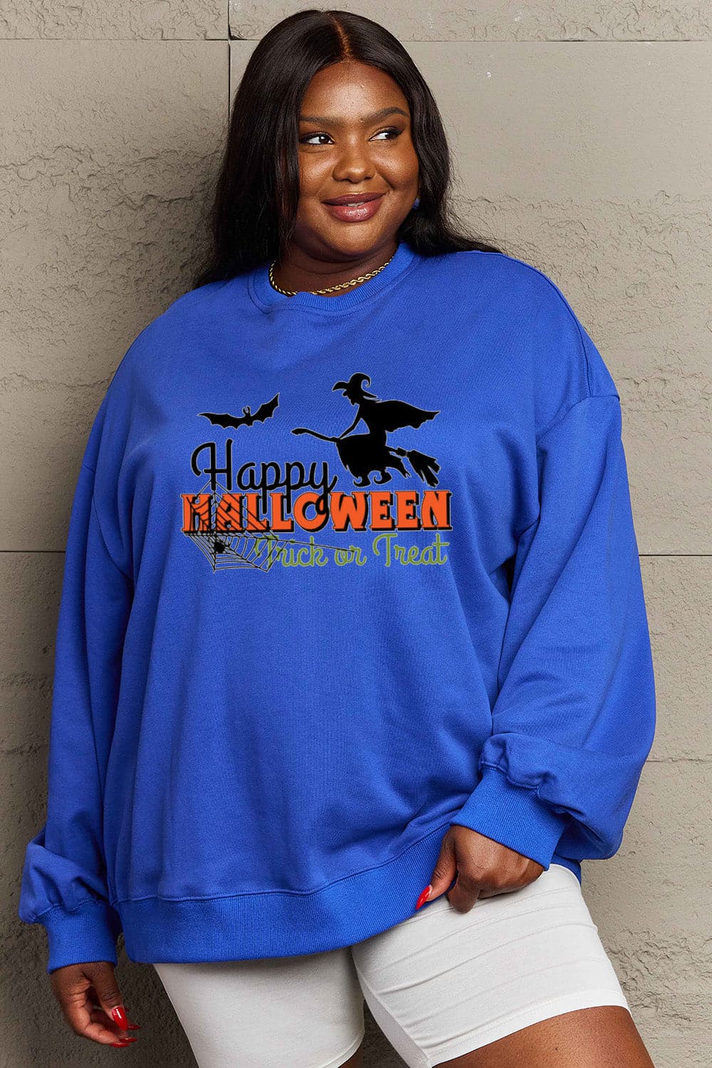 Simply Love Full Size HAPPY HALLOWEEN TRICK OR TREAT Graphic Sweatshirt.