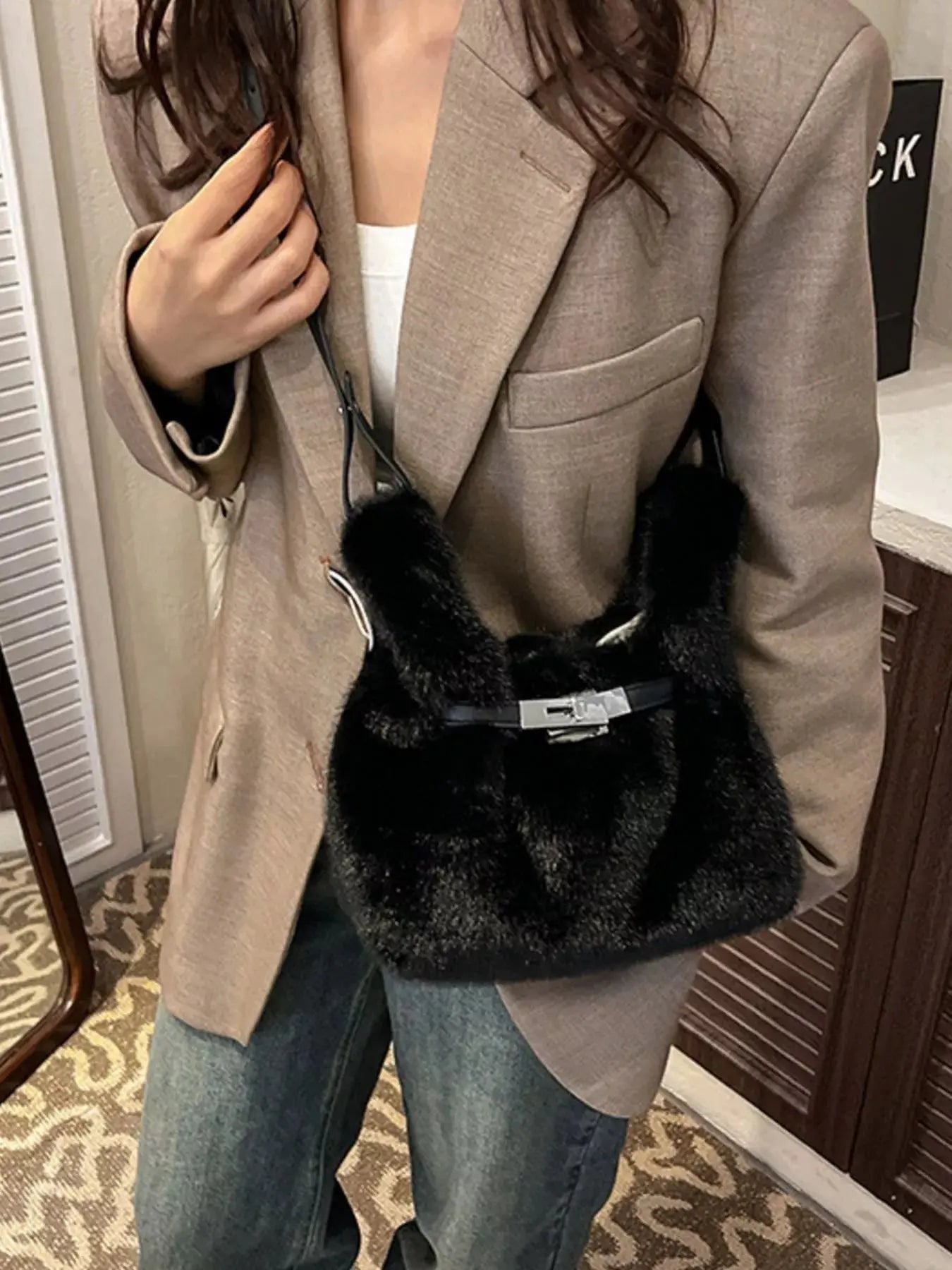 Faux Fur Bucket Crossbody Bag Simply Love