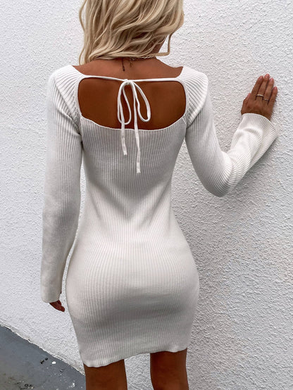 Tie Back Square Neck Long Sleeve Sweater Dress.