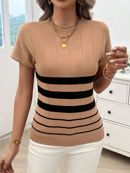 Striped Round Neck Short Sleeve Knit Top.