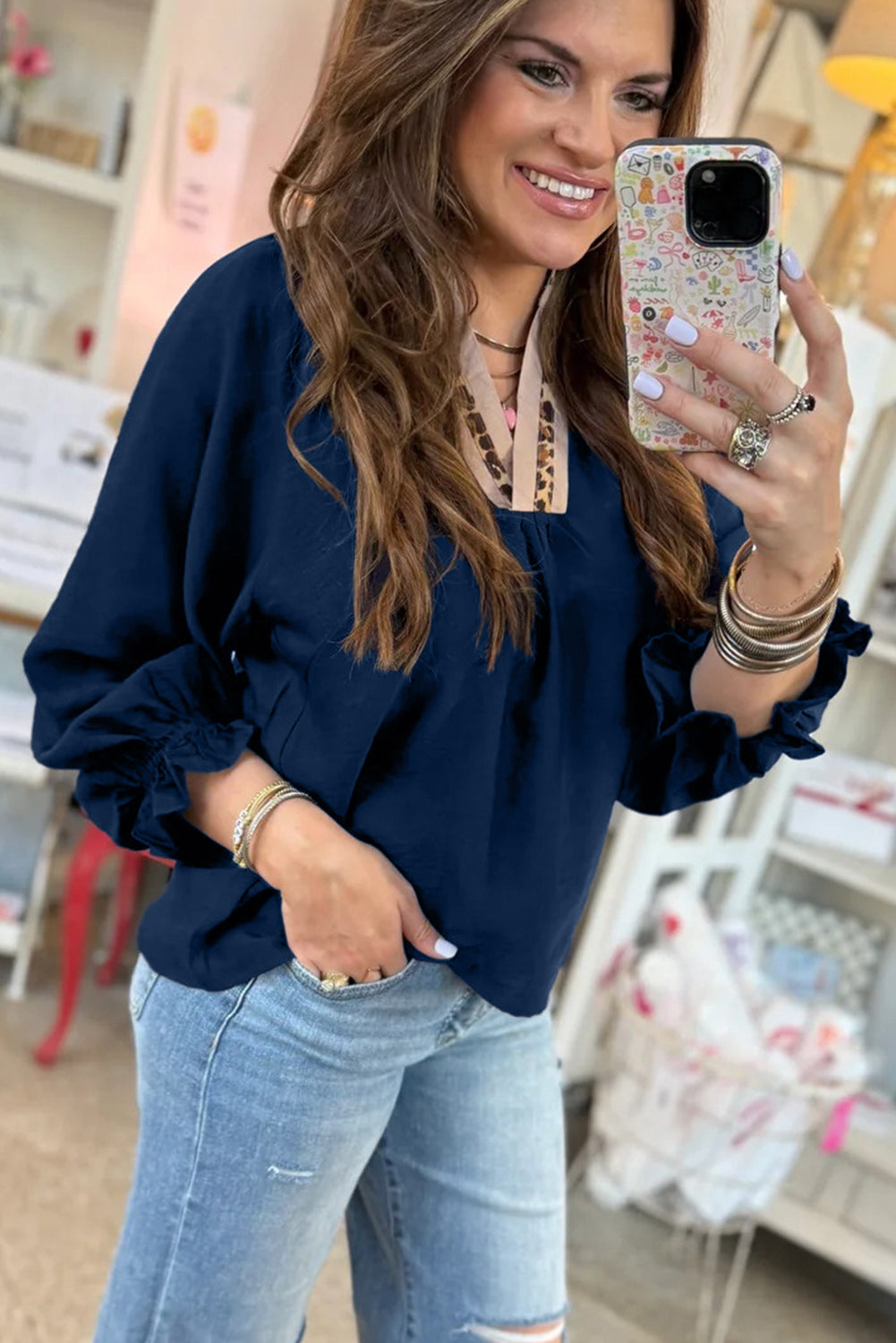 Dirty Blue Leopard Trim V Neck Flounced Bracelet Sleeve Blouse Dear-Lover Dropshipping