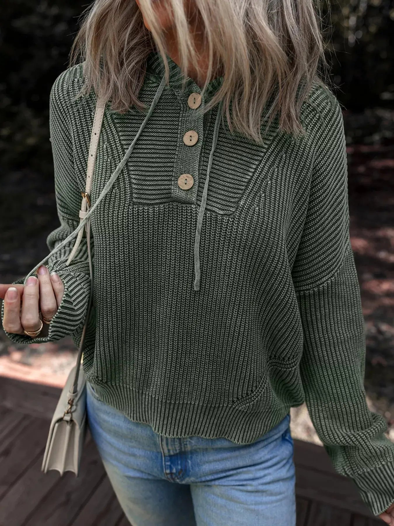 Mineral Wash Ribbed Knit Button Drawstring Neck Hooded Sweater Simply Love