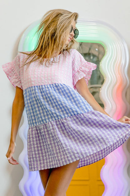 BiBi Plaid Color Block Tiered Top.