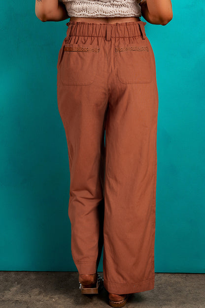 Chic red dahlia elastic waist straight leg pants with pockets