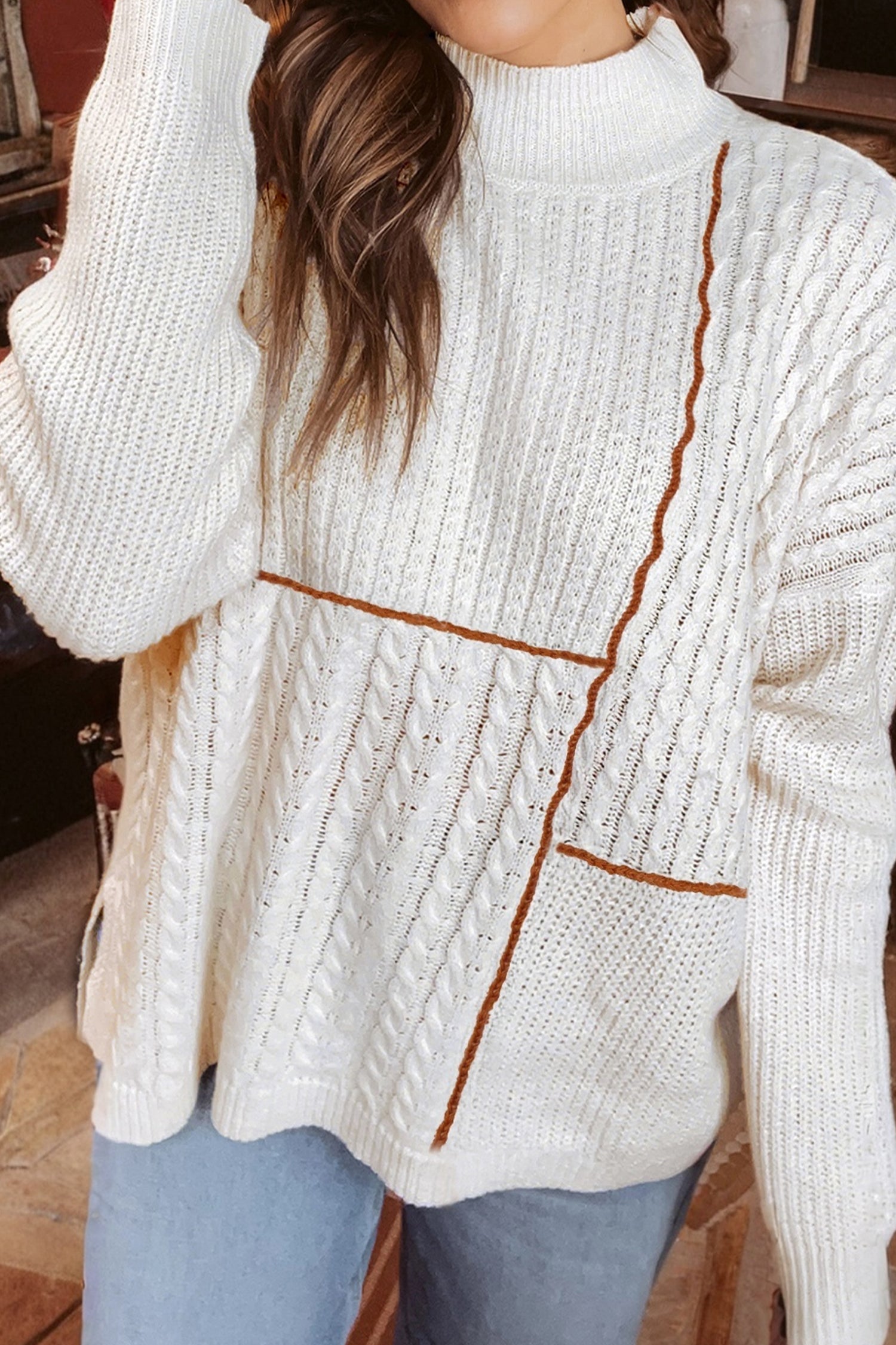 White Mix Texture Patchwork Knit Sweater With Contrast Stitch Mock Neck Dear-Lover Dropshipping