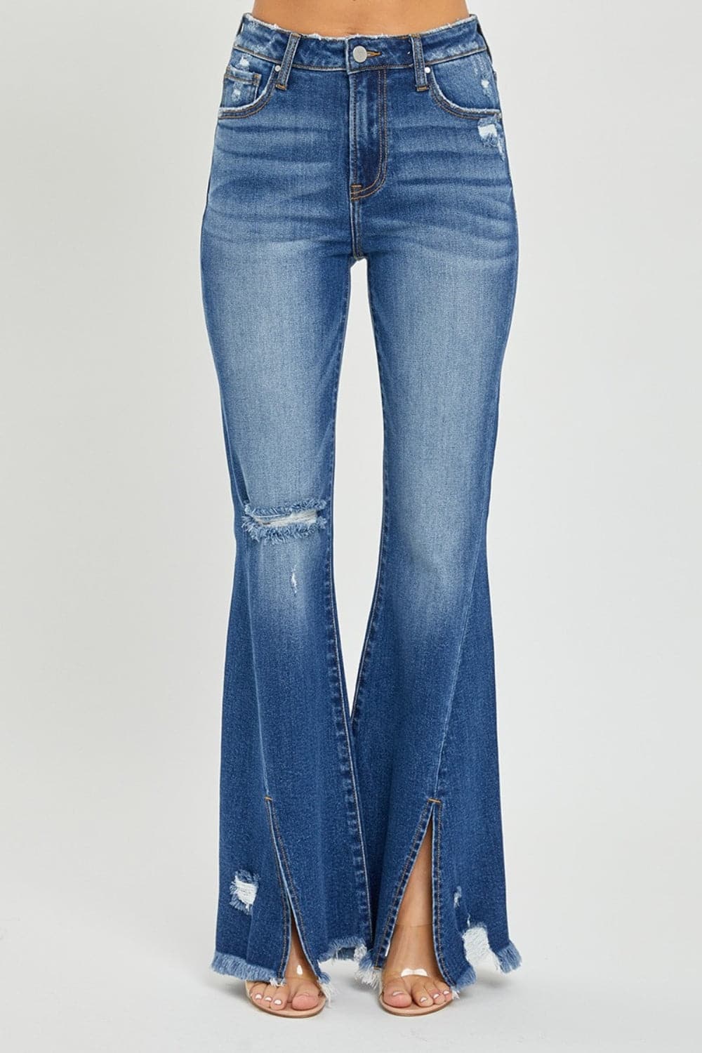 RISEN Full Size High Rise Front Slit Frayed Hem Flare Jeans.