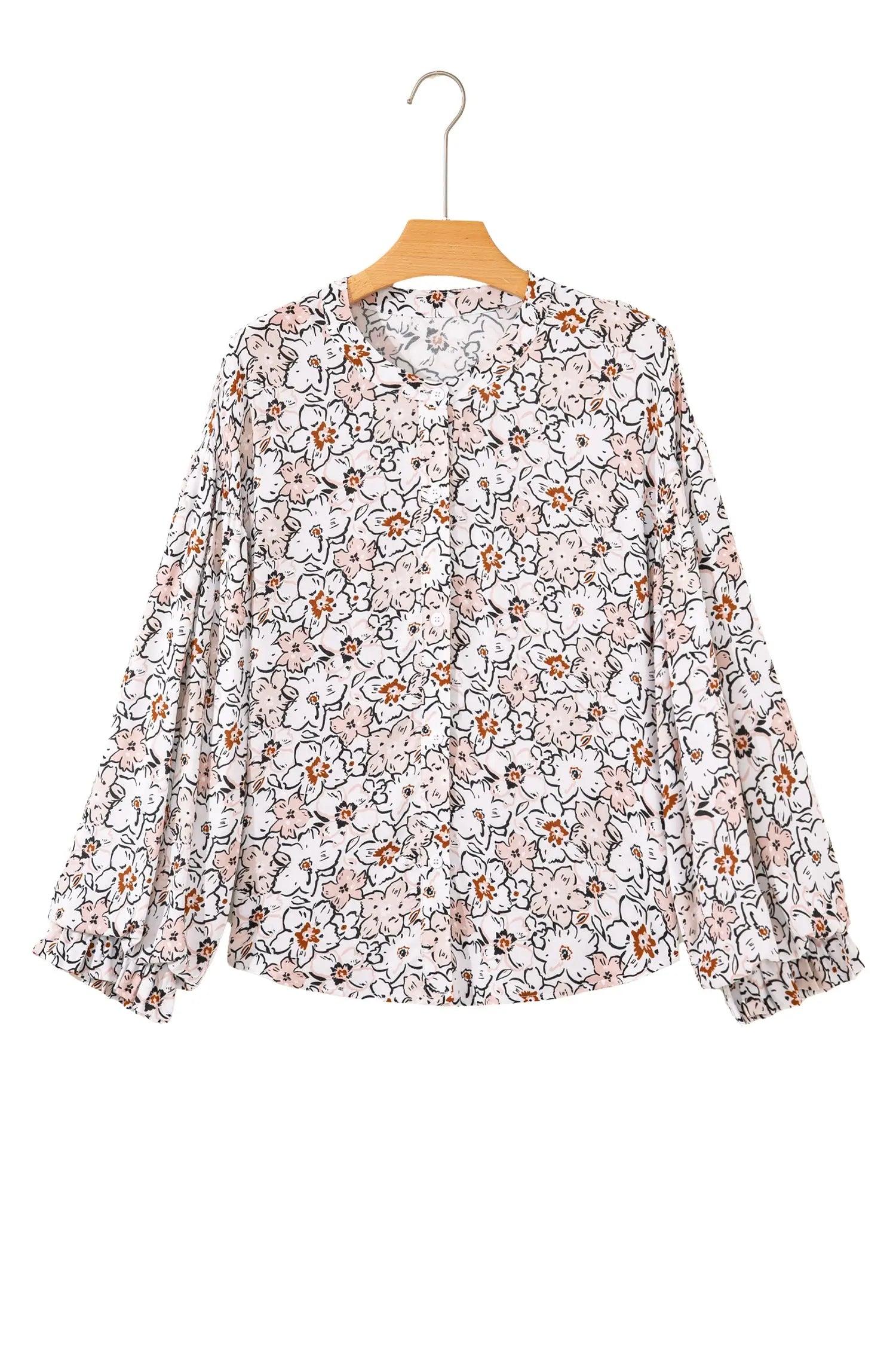 Khaki Floral Print Frilled Puff Sleeve Button Down Shirt For Women Dear-Lover Dropshipping