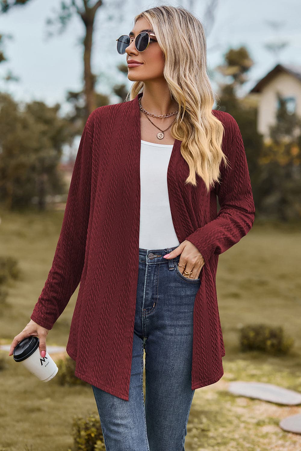 Textured Open Front Long Sleeve Cardigan.