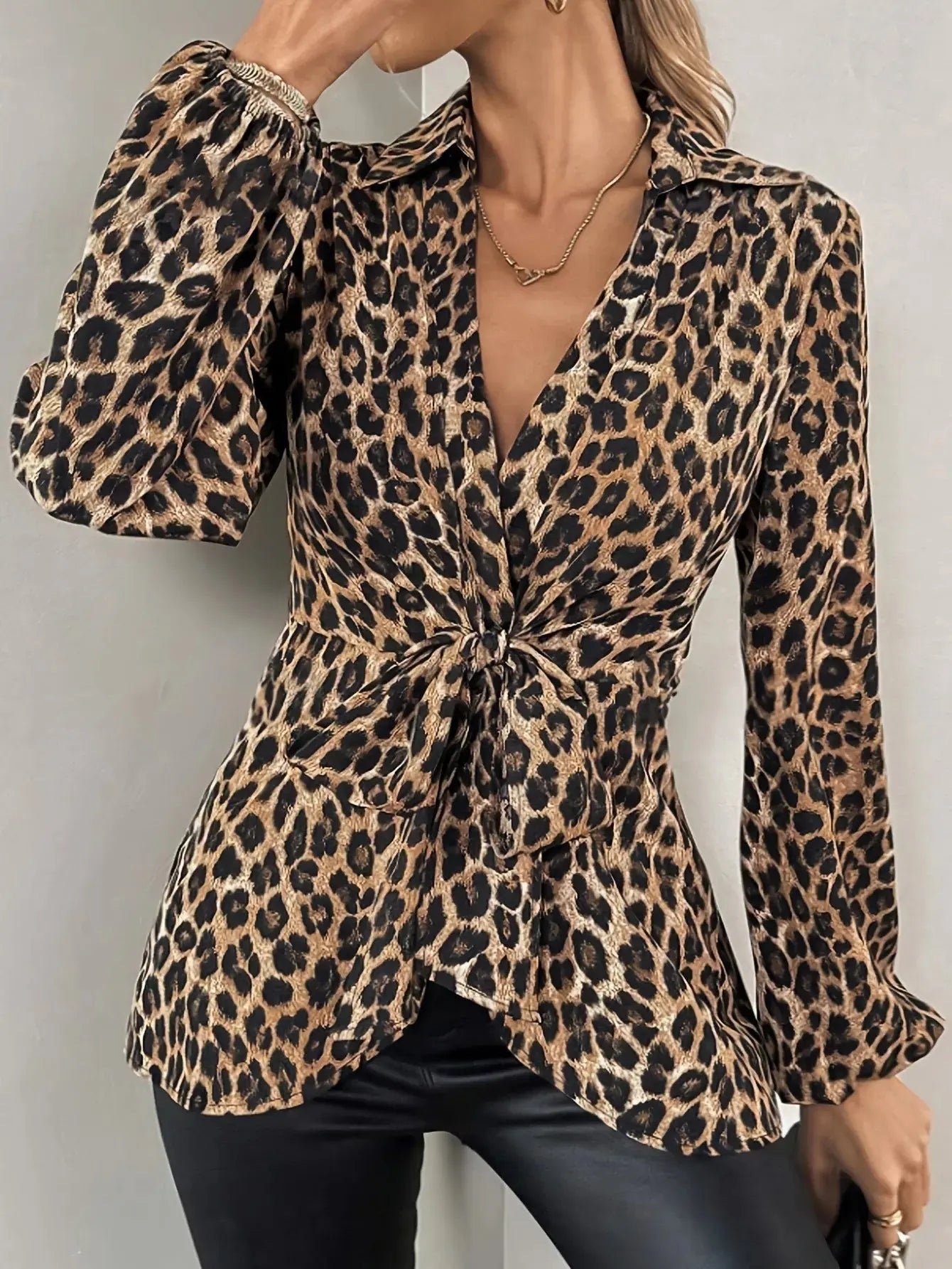 Leopard Print Tie Front Long Sleeve Blouse Simply Love