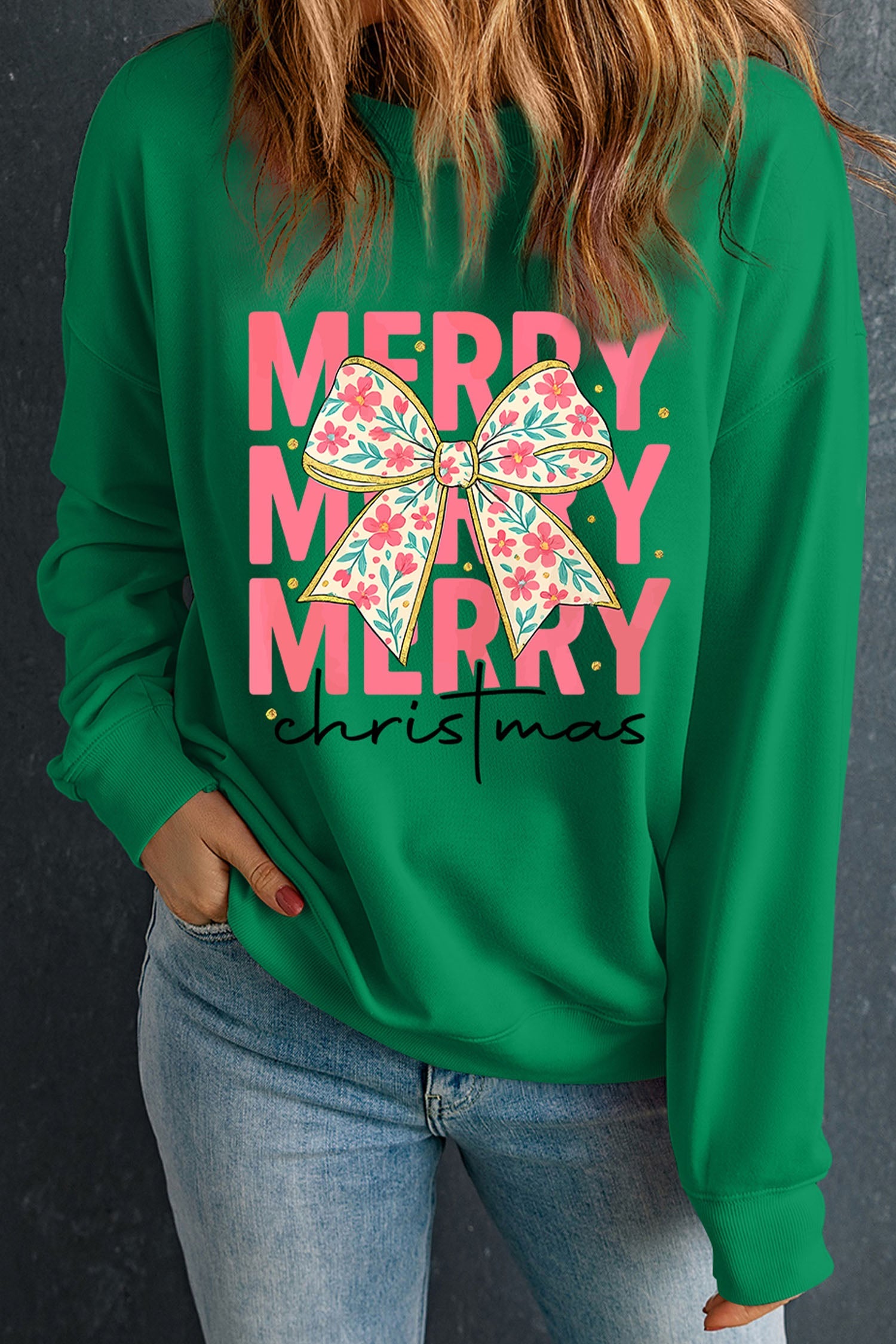 Dark Green Merry Christmas Floral Bow Graphic Drop Shoulder Sweatshirt Dear-Lover Dropshipping