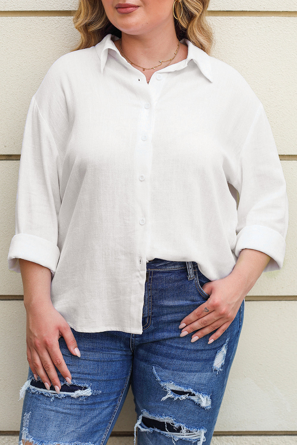 Chic white linen button-up shirt for plus size elegance