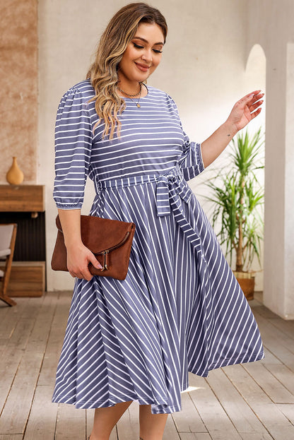 Chic gray striped plus size dress with tie waist and 3/4 sleeves