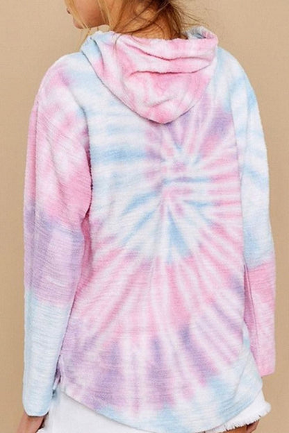 Colorful tie-dye drawstring hoodie with long sleeves