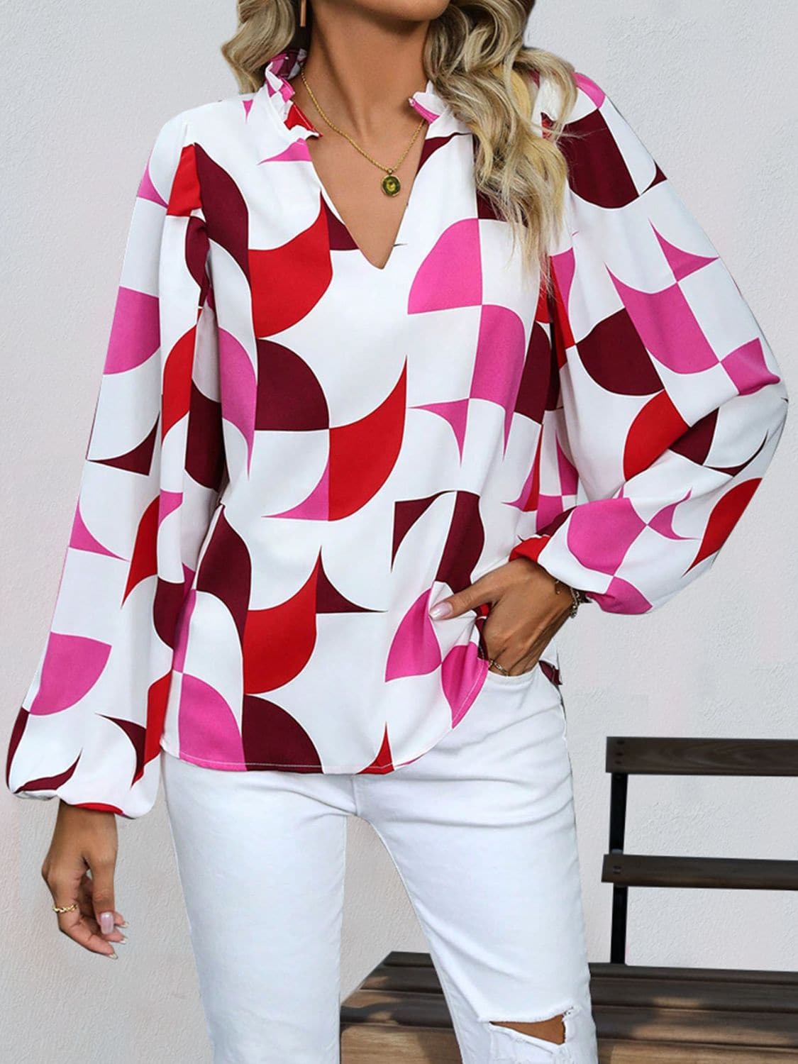 Frill Notched Long Sleeve Blouse.