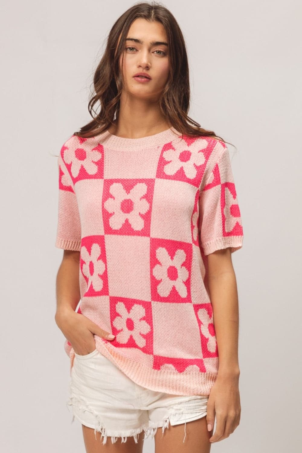 BiBi Flower Checker Pattern Short Sleeve Sweater.