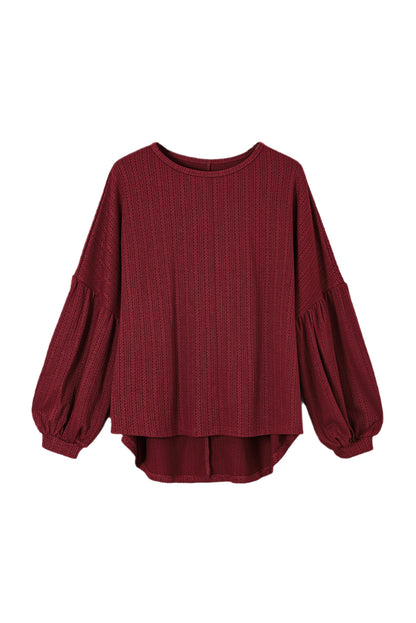 Chic red dahlia plus size textured knit top with playful balloon sleeves