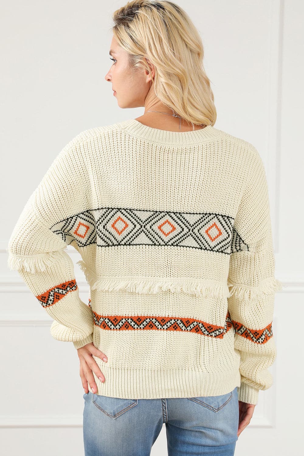 Geometric Round Neck Fringe Detail Sweater.