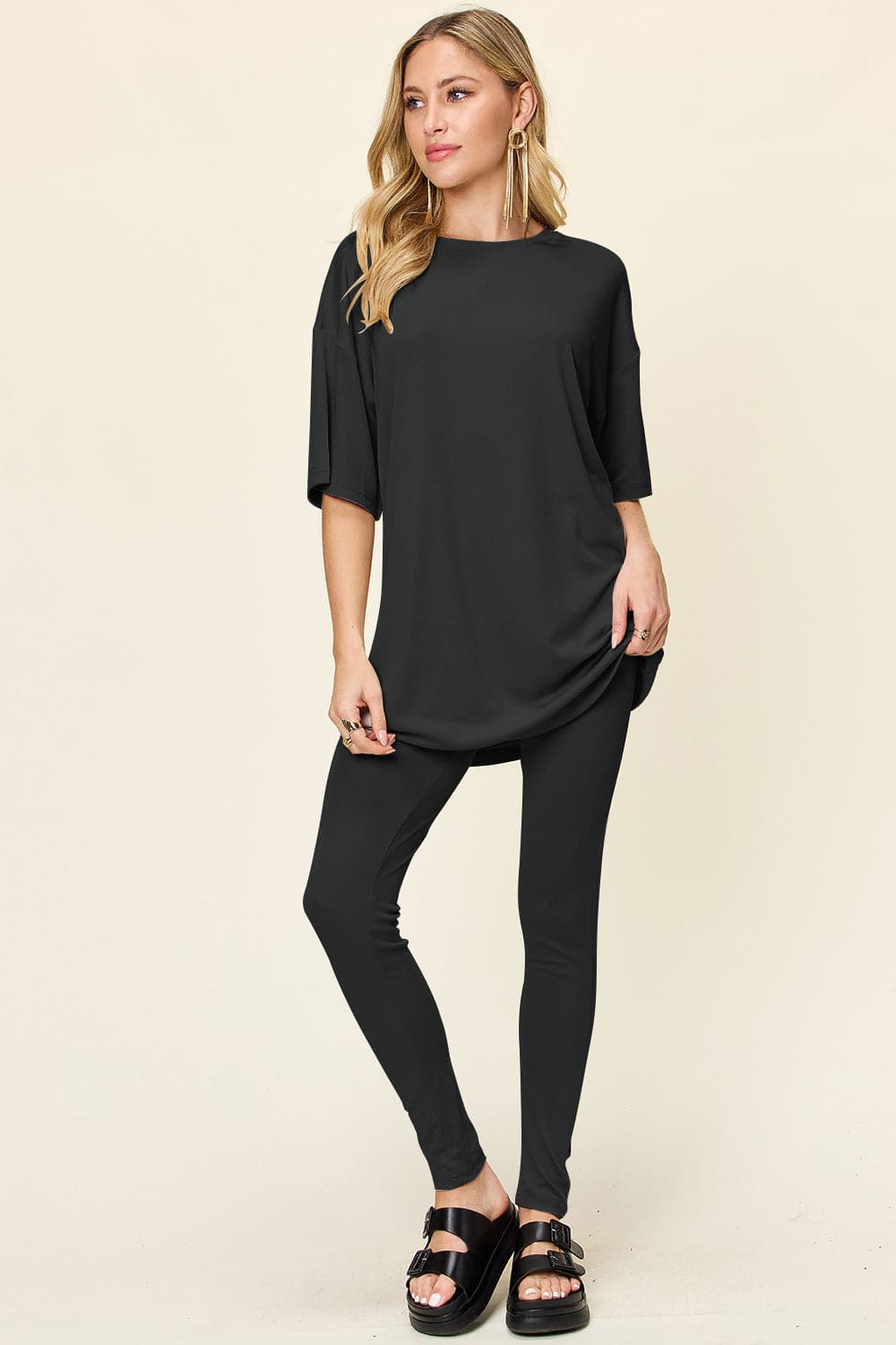 Double Take Full Size Round Neck Dropped Shoulder T-Shirt and Leggings Set.