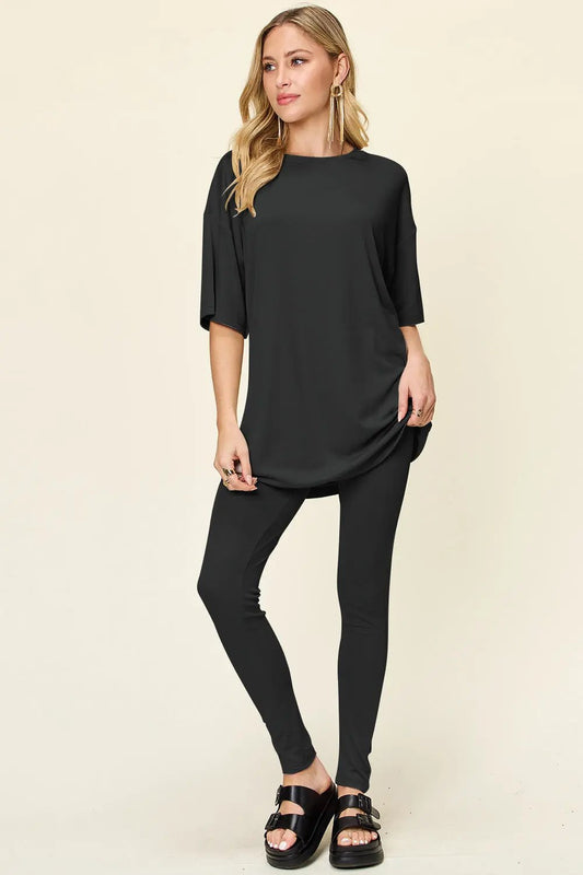 Double Take Full Size Round Neck Dropped Shoulder T-Shirt and Leggings Set - Love Salve