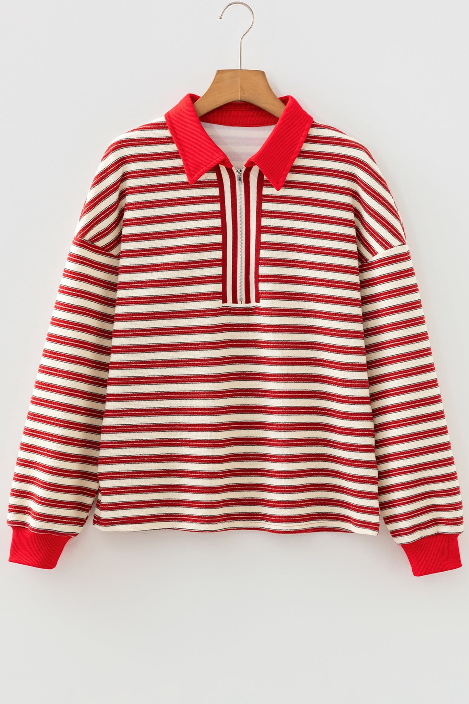 Racing Red Striped Print Contrast Collar Zip V Neck Long Sleeve Top Dear-Lover Dropshipping