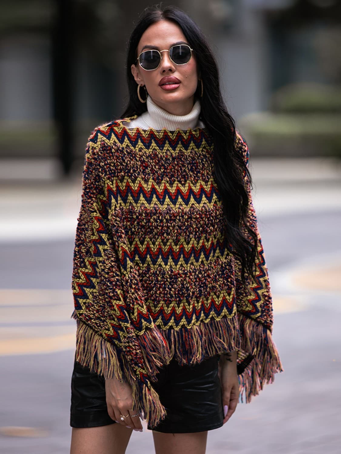 Fringe Hem Boat Neck Poncho.