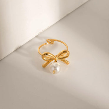 Stainless Steel Pearl Bow Ring.