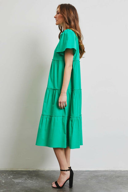 HEYSON Full Size Cotton Poplin Ruffled Tiered Midi Dress.