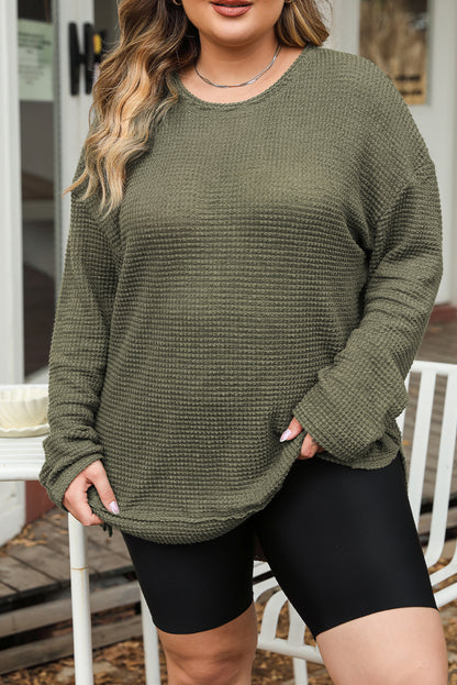 Chic moss green plus size textured knit top with long sleeves