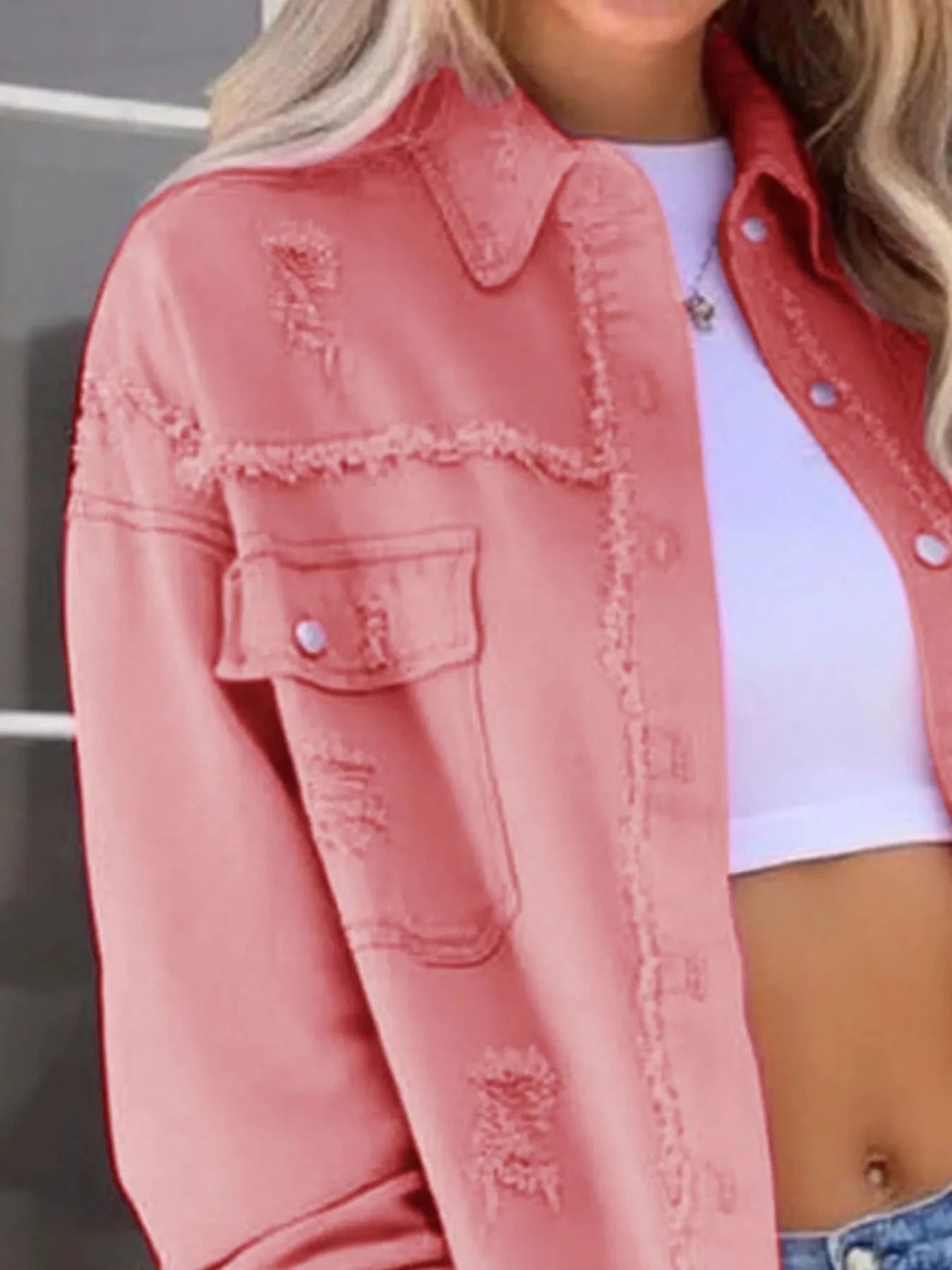 Distressed Denim Jacket with Frayed Edges Coco’s Tee Boutique