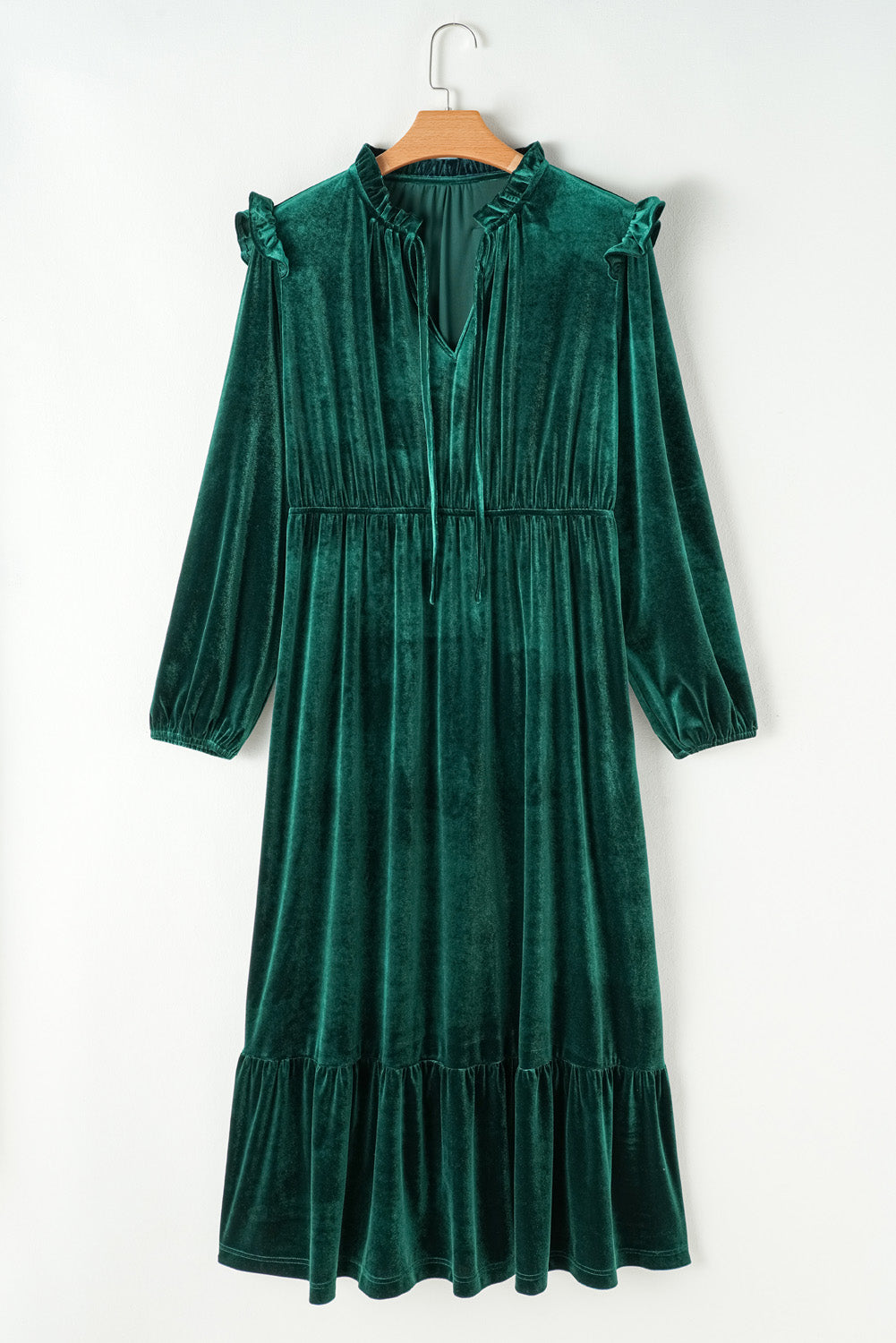 Elegant blackish green velvet high-waist midi dress with frilled neckline and ruffled hem