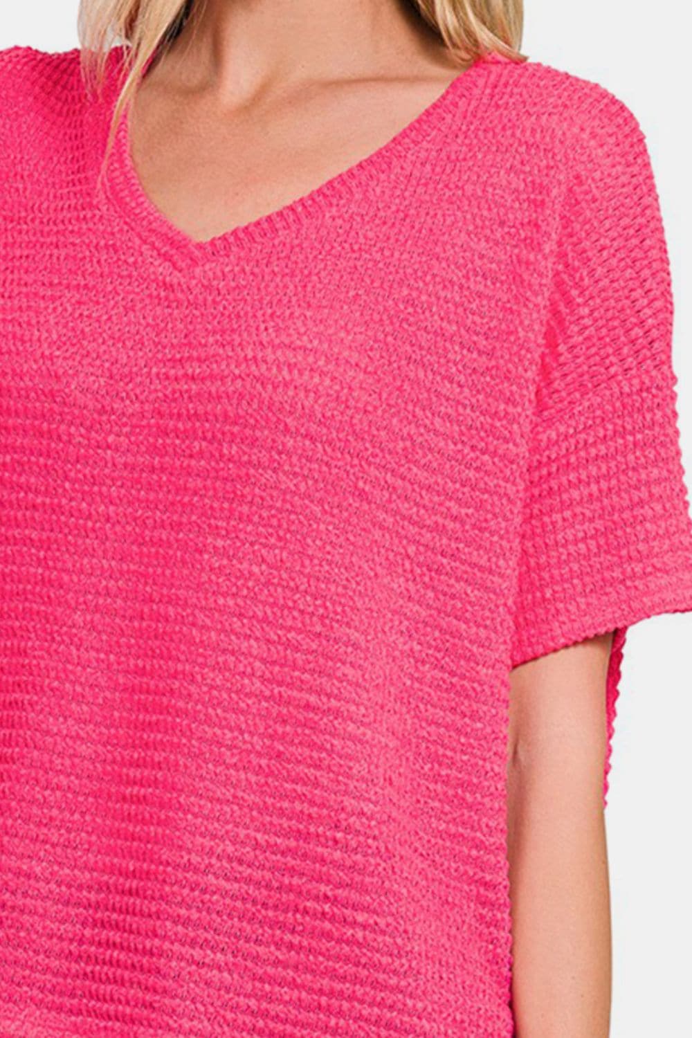 Zenana Drop Shoulder Short Sleeve Jacquard Knit Top.