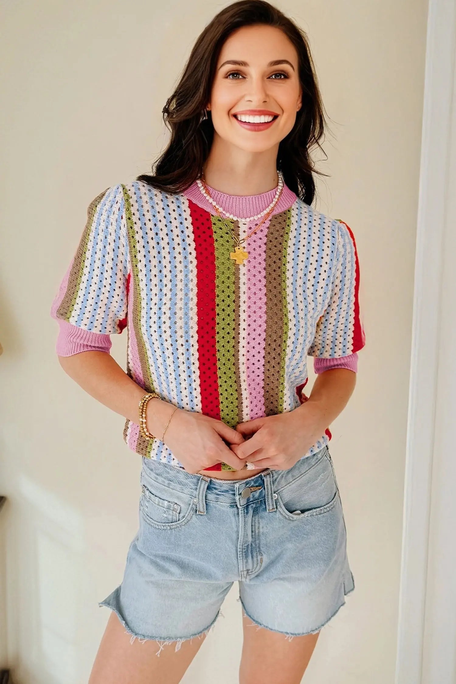 Multicolour Striped Pointelle Knit Short Sleeve Sweater Dear-Lover Dropshipping