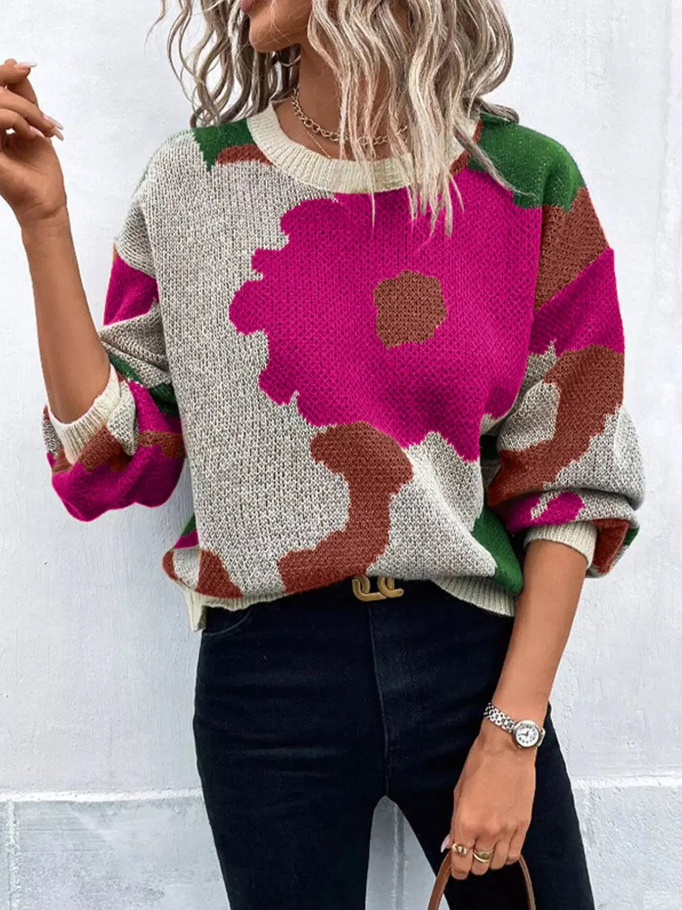 Floral Pattern Round Neck Sweater Simply Love