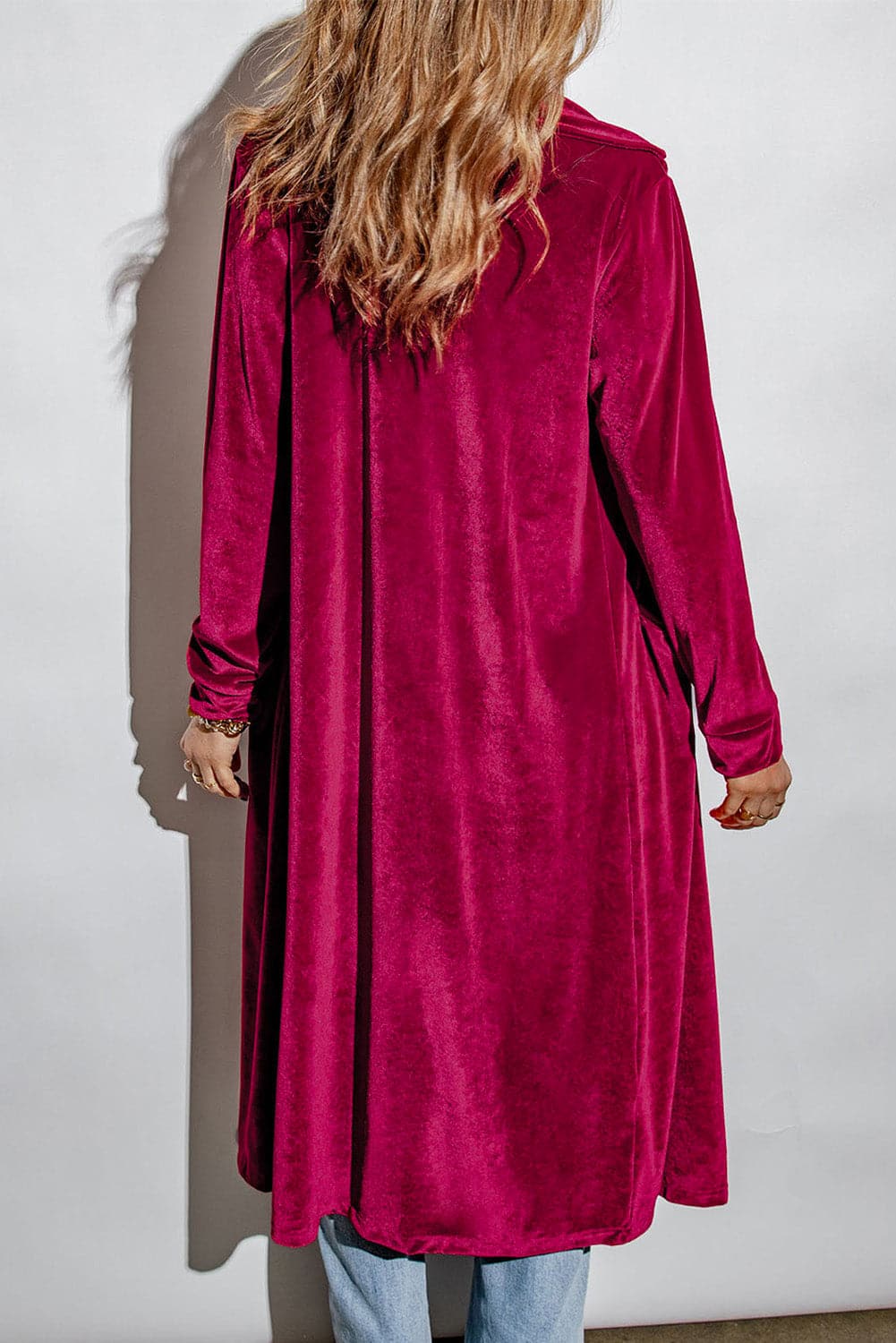 Collared Neck Longline Velvet Cardigan with Pockets.