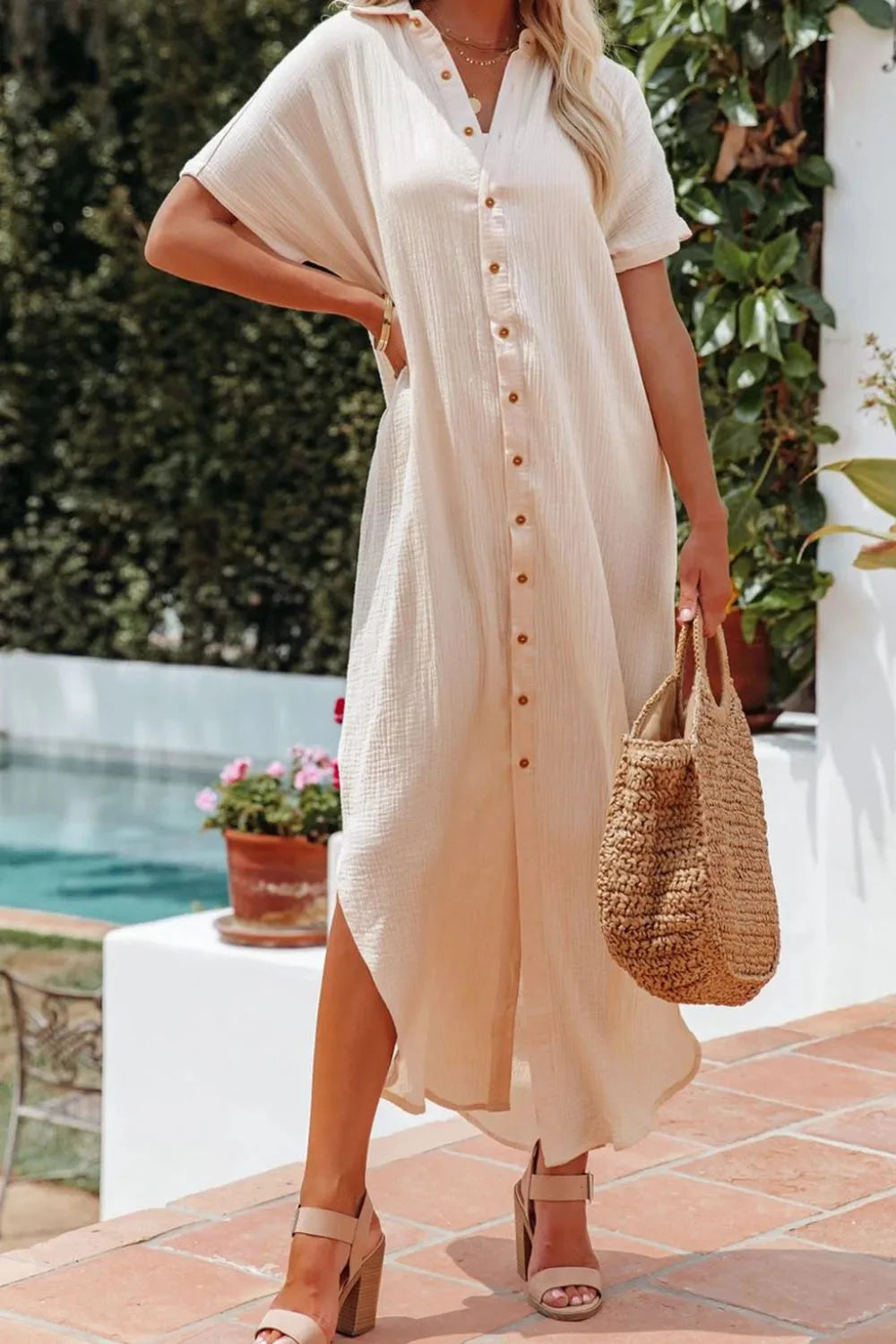 Button Down Short Sleeve Midi Shirt Dress Simply Love