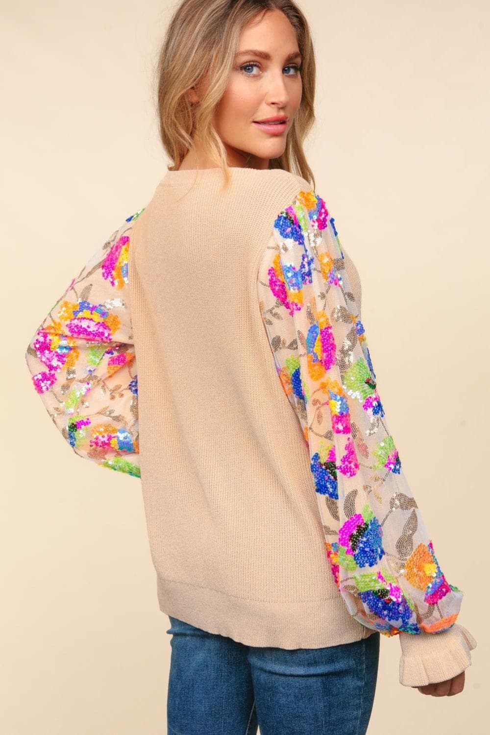 Floral sequin mesh sweater with flounce sleeves