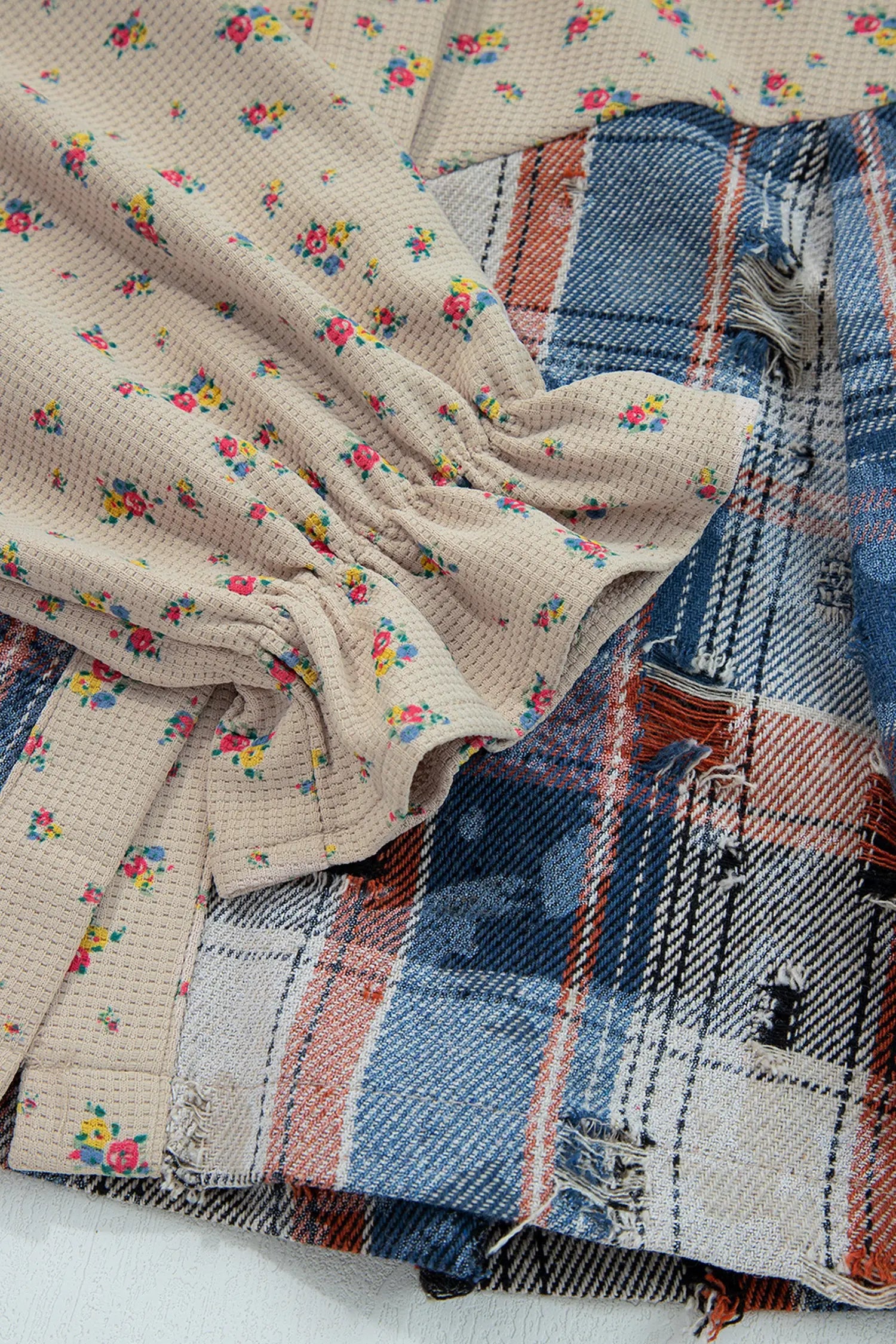 Dear-Lover Blue Floral Shacket Women's Boho Plaid Waffle Knit Top Ruffled Sleeve Dear-Lover Dropshipping