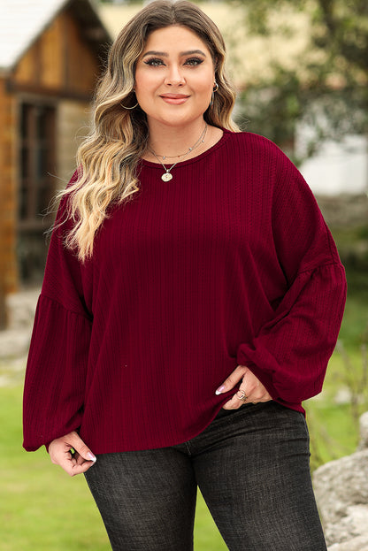 Chic red dahlia plus size textured knit top with playful balloon sleeves