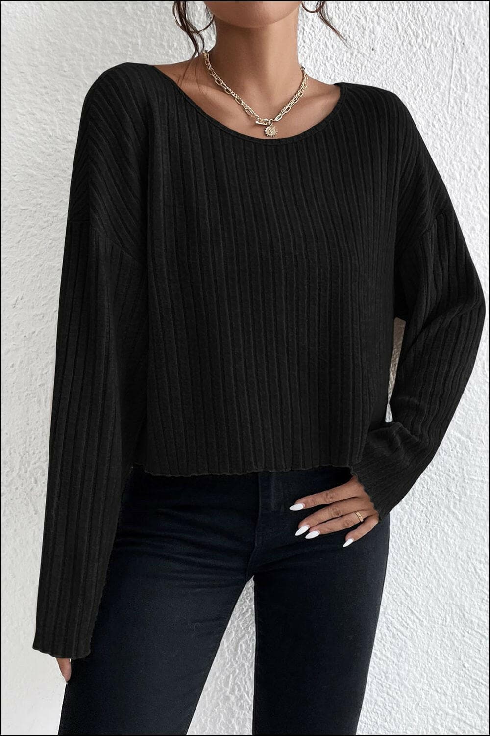 Ribbed Round Neck Drop Shoulder Long Sleeve Top.