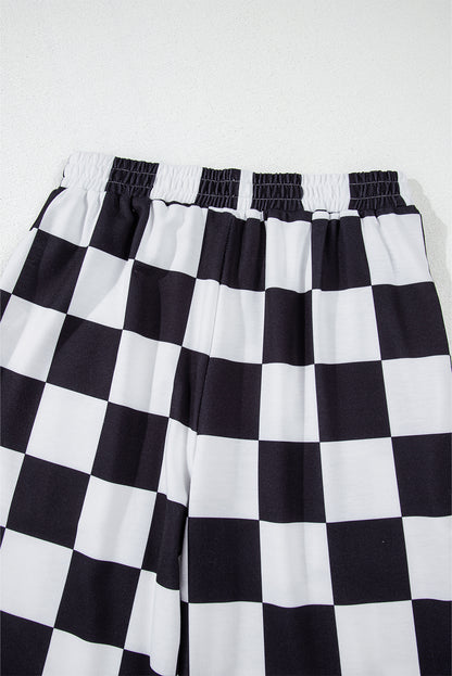 Black Checkerboard Elastic Waist Pocketed Joggers