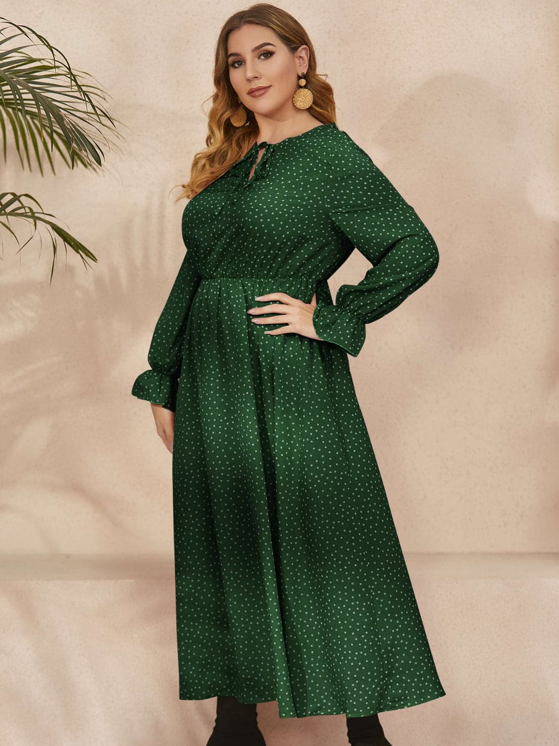 Plus Size Ruffled Polka Dot Long Sleeve Midi Dress.