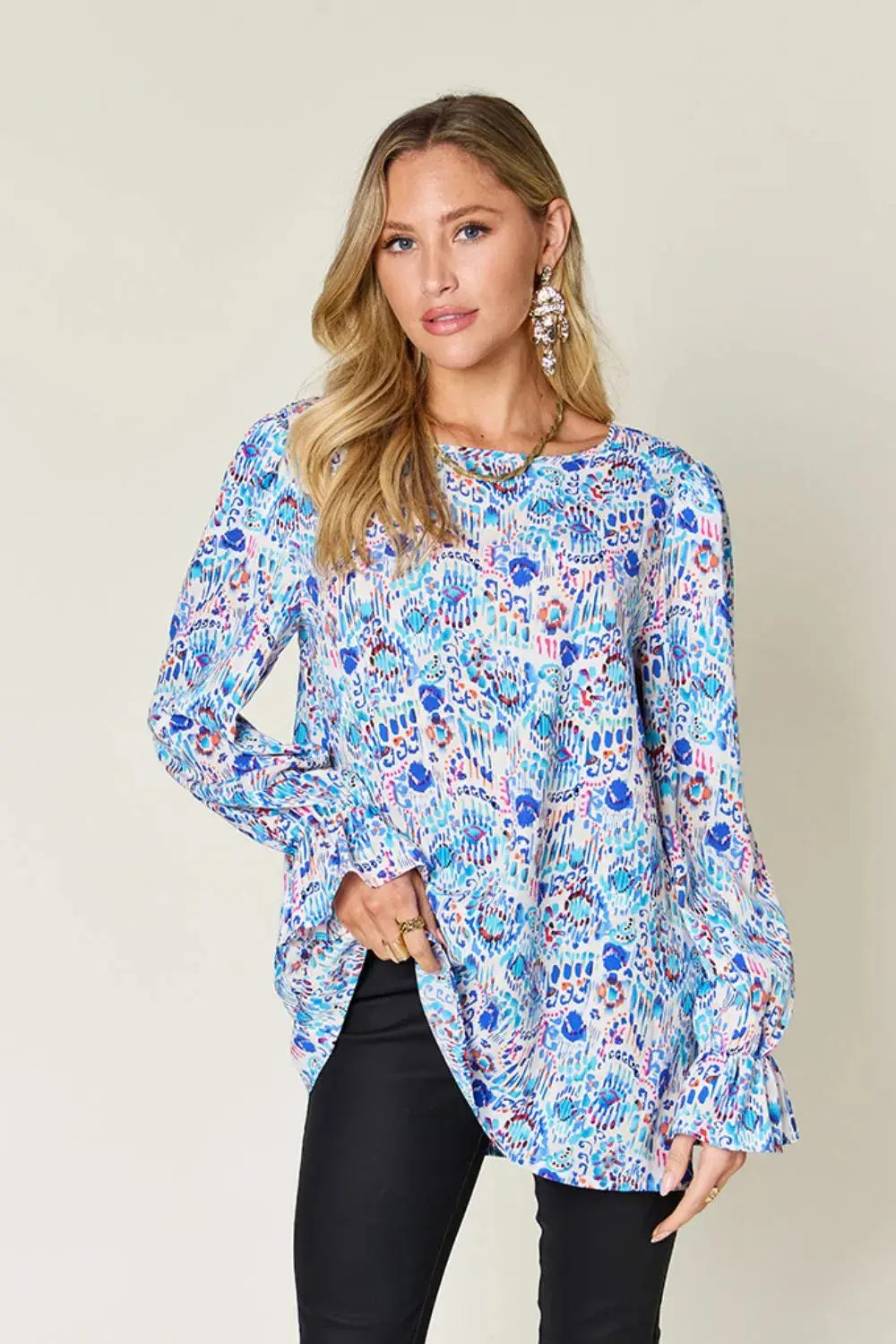 Double Take Full Size Printed Flounce Sleeve Blouse - Love Salve