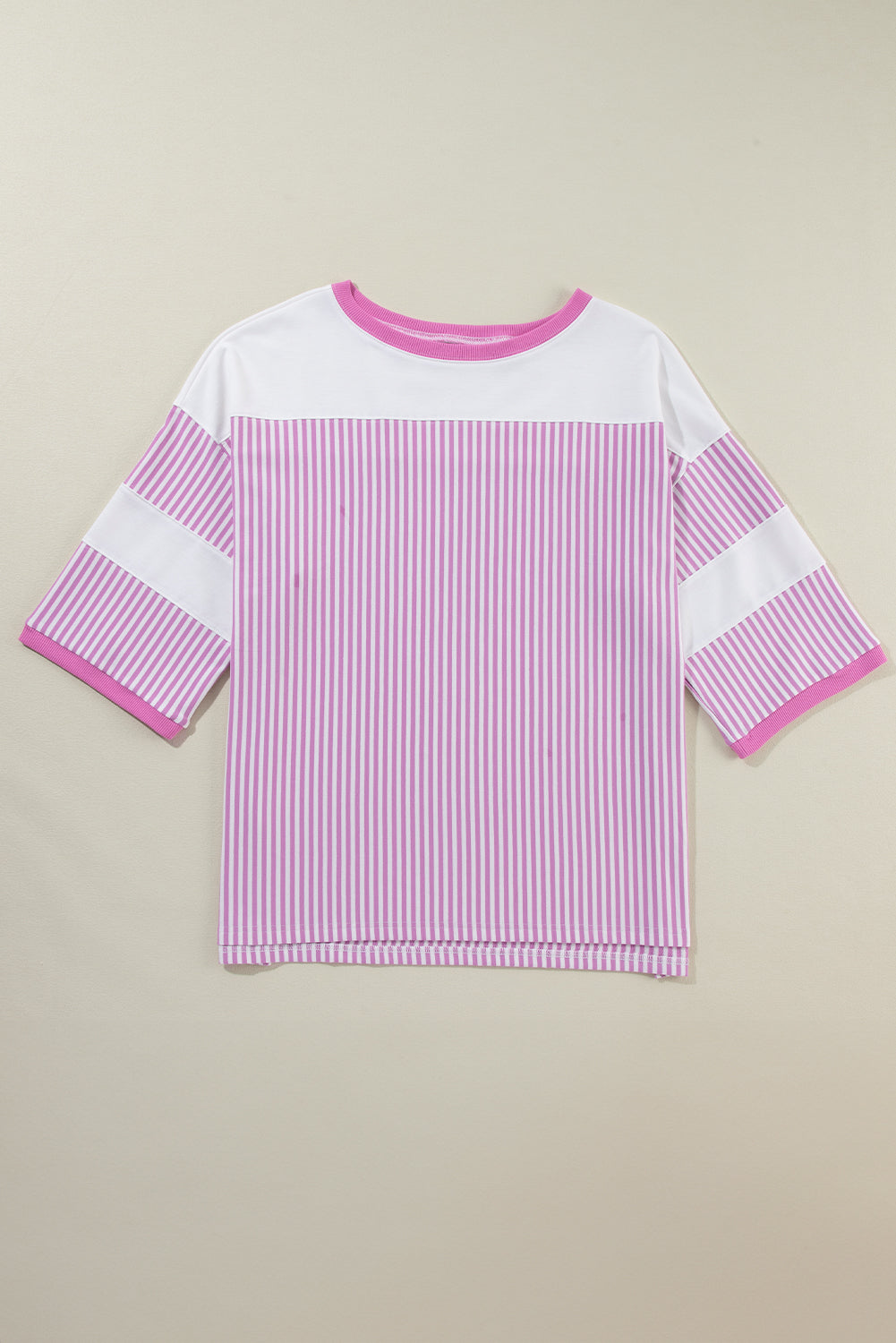 Chic pink stripe patchwork plus size t-shirt with bracelet sleeves