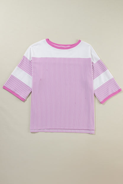 Chic pink stripe patchwork plus size t-shirt with bracelet sleeves