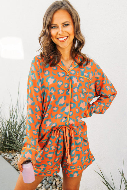 Leopard print loungewear set with long sleeves and shorts in vibrant orange